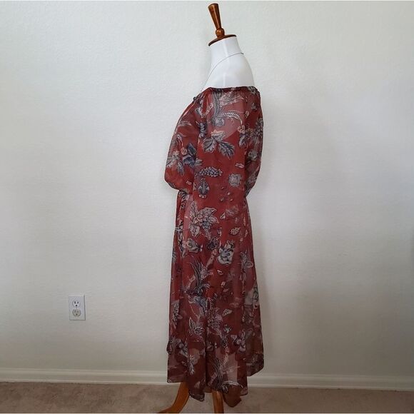 Vintage Boho Gypsy Sheer Cold Shoulder Sheer Flowy Floral Print Long Dress - Picture 2 of 8